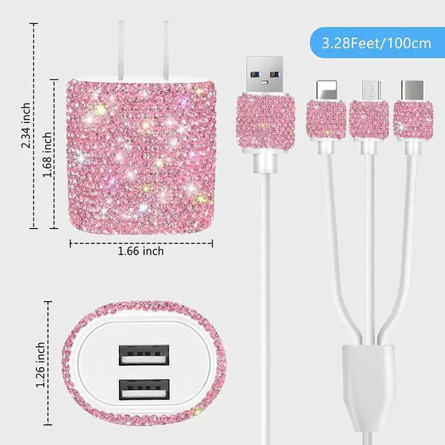 Alt view image 4 of 7 - Bling USB Wall Charger with Charging Cable,Fast Block for iPhone Android,3-in-1 Multi Charger Cable Micro USB Type C Multiple USB Cord with Crystal Decor,Cell Phone Accessories for Women,Girls (Pink)