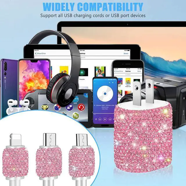 Alt view image 7 of 7 - Bling USB Wall Charger with Charging Cable,Fast Block for iPhone Android,3-in-1 Multi Charger Cable Micro USB Type C Multiple USB Cord with Crystal Decor,Cell Phone Accessories for Women,Girls (Pink)