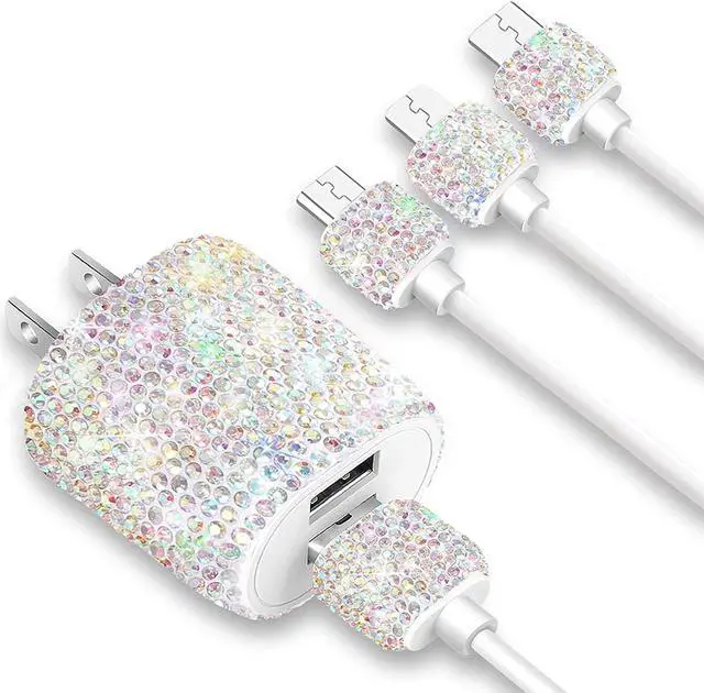 Main image of Bling USB Wall Charger with Charging Cable,Fast Block for iPhone Android,3-in-1 Multi Charger Cable Micro USB Type C Multiple USB Cord with Crystal,Cell Phone Accessories for Women,Girls (Multicolor)