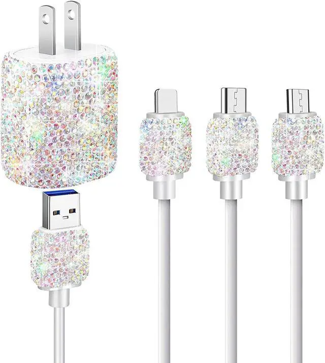 Alt view image 2 of 7 - Bling USB Wall Charger with Charging Cable,Fast Block for iPhone Android,3-in-1 Multi Charger Cable Micro USB Type C Multiple USB Cord with Crystal,Cell Phone Accessories for Women,Girls (Multicolor)