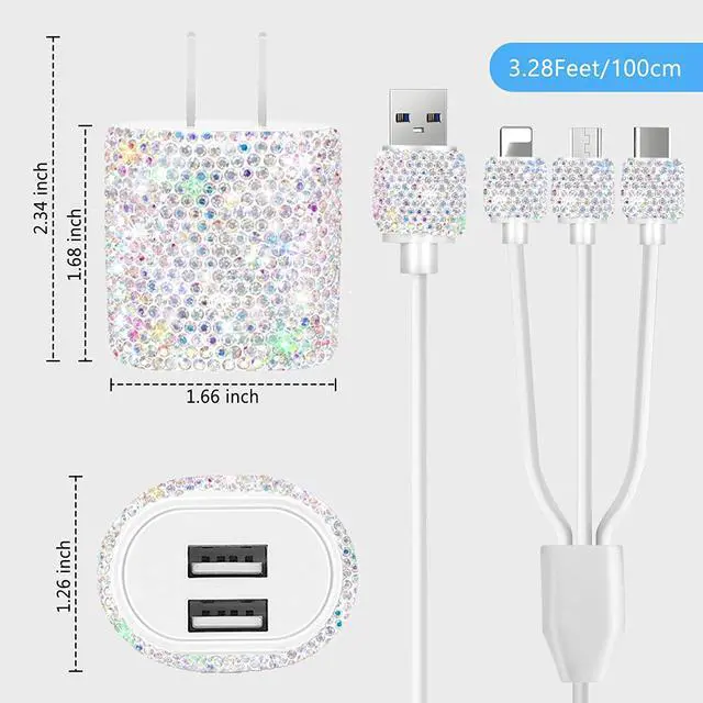 Alt view image 4 of 7 - Bling USB Wall Charger with Charging Cable,Fast Block for iPhone Android,3-in-1 Multi Charger Cable Micro USB Type C Multiple USB Cord with Crystal,Cell Phone Accessories for Women,Girls (Multicolor)