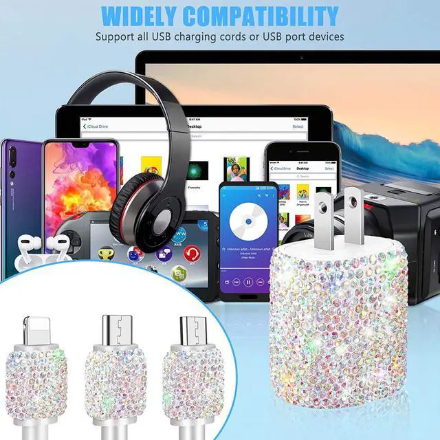 Alt view image 7 of 7 - Bling USB Wall Charger with Charging Cable,Fast Block for iPhone Android,3-in-1 Multi Charger Cable Micro USB Type C Multiple USB Cord with Crystal,Cell Phone Accessories for Women,Girls (Multicolor)