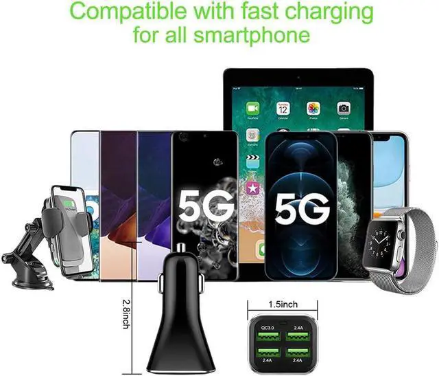 Alt view image 4 of 6 - USB Car Charger Adapter, QC 3.0 Fast car Charger, 4-Port Multi 9.6 Amp 48W Rapid Car Charger Compatible with iPhone 13/12/11 Pro Max, Samsung Galaxy S20 Ultra/Note20, LG, Pixel and More[2PACK].