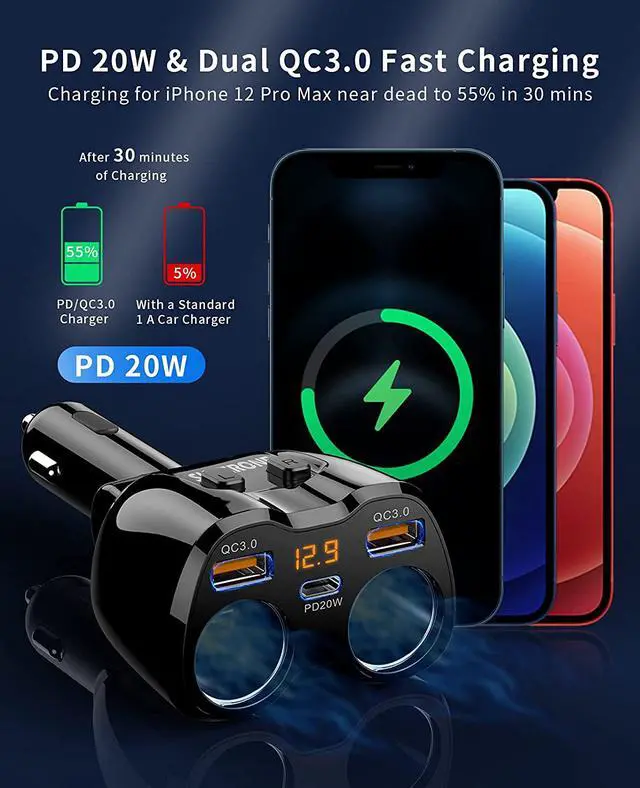 Alt view image 2 of 7 - Cigarette Lighter Splitter, SUPERONE 180W 2-Socket Cigarette Lighter Adapter with Dual QC3.0 and 20W PD USB C Car Charger Splitter for GPS/Dash Cam/Laptop/iPad/iPhone 13 Pro Max/13/12/11/X, Samsung