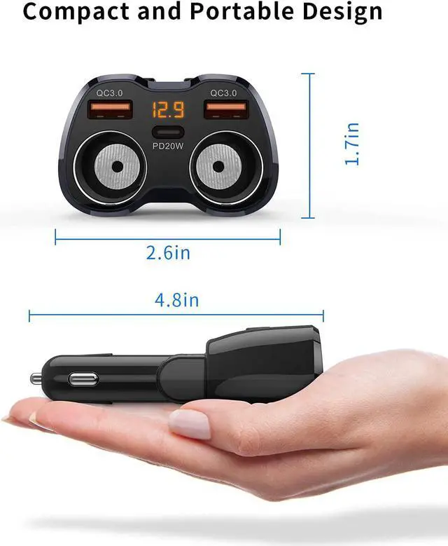 Alt view image 4 of 7 - Cigarette Lighter Splitter, SUPERONE 180W 2-Socket Cigarette Lighter Adapter with Dual QC3.0 and 20W PD USB C Car Charger Splitter for GPS/Dash Cam/Laptop/iPad/iPhone 13 Pro Max/13/12/11/X, Samsung