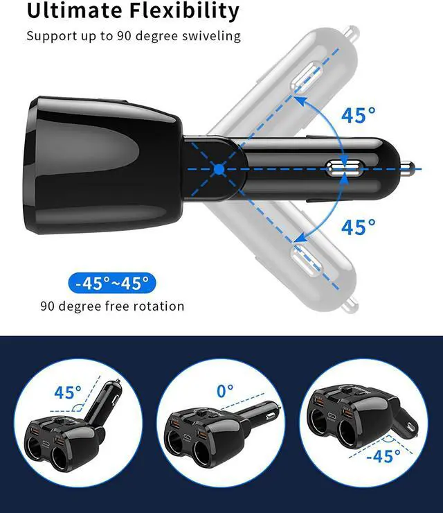 Alt view image 5 of 7 - Cigarette Lighter Splitter, SUPERONE 180W 2-Socket Cigarette Lighter Adapter with Dual QC3.0 and 20W PD USB C Car Charger Splitter for GPS/Dash Cam/Laptop/iPad/iPhone 13 Pro Max/13/12/11/X, Samsung