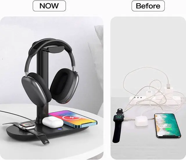 Alt view image 7 of 7 - Headphone Stand with 15w Wireless Charger, Suguder 4 in 1 Qi Charging Station Headset Holder for AirPods Max/Pro/2 iWatch 7/6/5/4/3/2/1/SE iPhone 13/12/11/XS/XR/X/8 Series for Desktop Table Game,Black