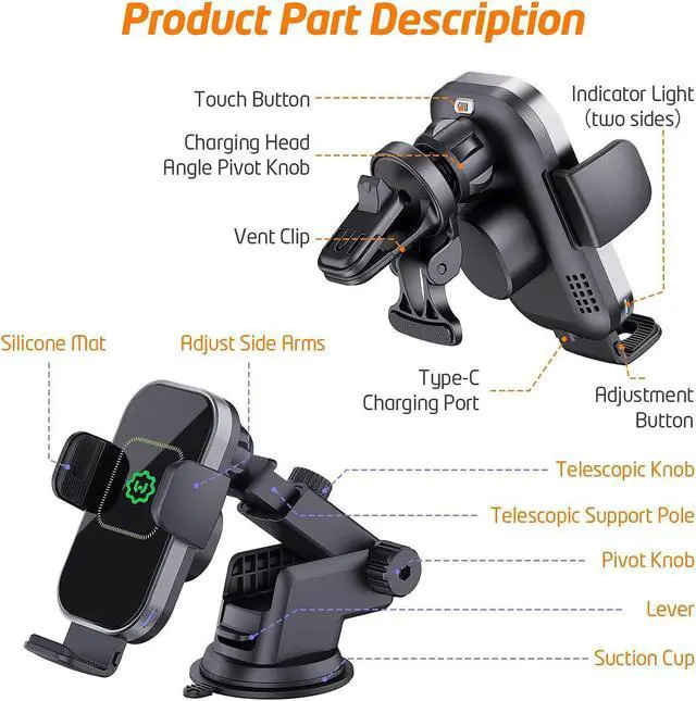 Alt view image 6 of 7 - WixGear Wireless Car Charger, (New Version Automatic Arms) Auto-Clamping Fast Wireless Car Charger, Phone Holder for Car, 15W Qi Fast ChargingCompatible with iPhone 13 12 Mini 11 Pro Max,Samsung S21