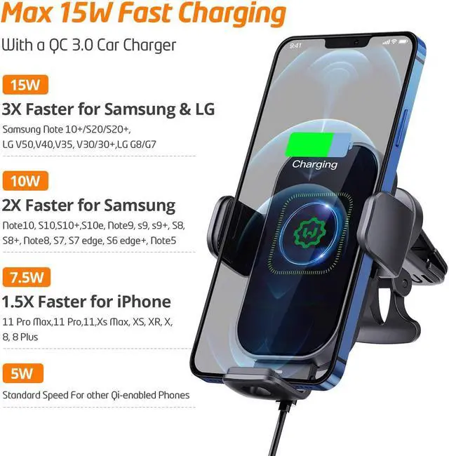 Alt view image 7 of 7 - WixGear Wireless Car Charger, (New Version Automatic Arms) Auto-Clamping Fast Wireless Car Charger, Phone Holder for Car, 15W Qi Fast ChargingCompatible with iPhone 13 12 Mini 11 Pro Max,Samsung S21