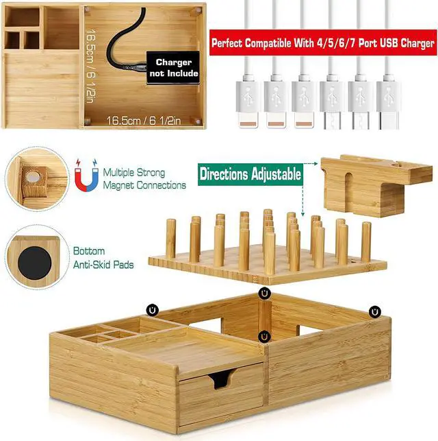 Alt view image 3 of 7 - Darfoo Bamboo Charging Station Organizer for Multiple Devices with iWatch&Airpod Stand | Desktop Docking Station Organizer for iPhone, Android Phone, Storage Drawer (No USB Charger)