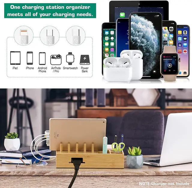 Alt view image 4 of 7 - Darfoo Bamboo Charging Station Organizer for Multiple Devices with iWatch&Airpod Stand | Desktop Docking Station Organizer for iPhone, Android Phone, Storage Drawer (No USB Charger)