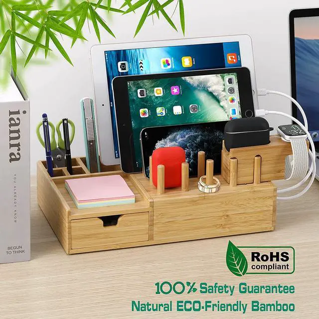 Alt view image 5 of 7 - Darfoo Bamboo Charging Station Organizer for Multiple Devices with iWatch&Airpod Stand | Desktop Docking Station Organizer for iPhone, Android Phone, Storage Drawer (No USB Charger)