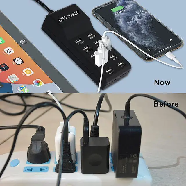 Alt view image 4 of 7 - USB Charger,5V 10A(50W) USB Charging Station with 10-Port Family-Sized Smart USB Ports for Multiple Devices Smart Phone Tablet Laptop Computer, for iPhone 15/14/13 Black