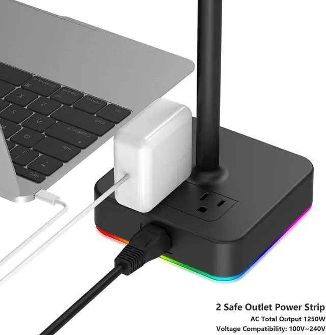 Alt view image 4 of 7 - KAFRI RGB Headphone Stand with USB A&C Charger Desk Gaming Headset Holder Hanger Rack with 3 USB Charging Port and 2 Outlet - Suitable for Gamer Desktop Table Game Earphone Accessories Boyfriend Gifts