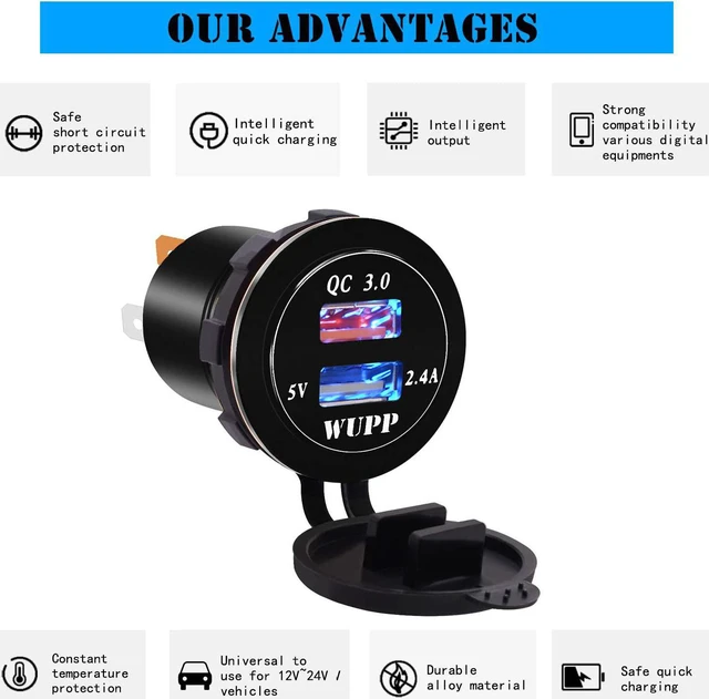 Alt view image 3 of 7 - BlueFire Aluminum Alloy Fast Charging 3.0 USB Charger Socket IP66 Waterproof Dual USB Power Outlet with QC 3.0 USB Port & 5V 2.4A Port Led Light for Car Boat Marine RV Motorcycle(Blue)
