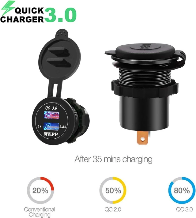 Alt view image 4 of 7 - BlueFire Aluminum Alloy Fast Charging 3.0 USB Charger Socket IP66 Waterproof Dual USB Power Outlet with QC 3.0 USB Port & 5V 2.4A Port Led Light for Car Boat Marine RV Motorcycle(Blue)