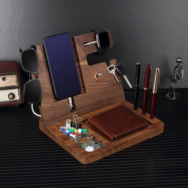 Alt view image 7 of 7 - Ideas for Dad -Wooden Phone Docking Station, Personalized Idea, Custom Engraved Nightstand Organizer with Phone Charge Station, Watch, Key, Wallet Stand, Best Presents for Father's Day, Birthday