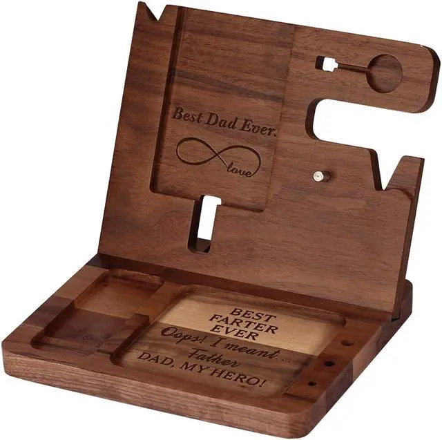 Alt view image 3 of 7 - Ideas for Dad -Wooden Phone Docking Station, Personalized Idea, Custom Engraved Nightstand Organizer with Phone Charge Station, Watch, Key, Wallet Stand, Best Presents for Father's Day, Birthday