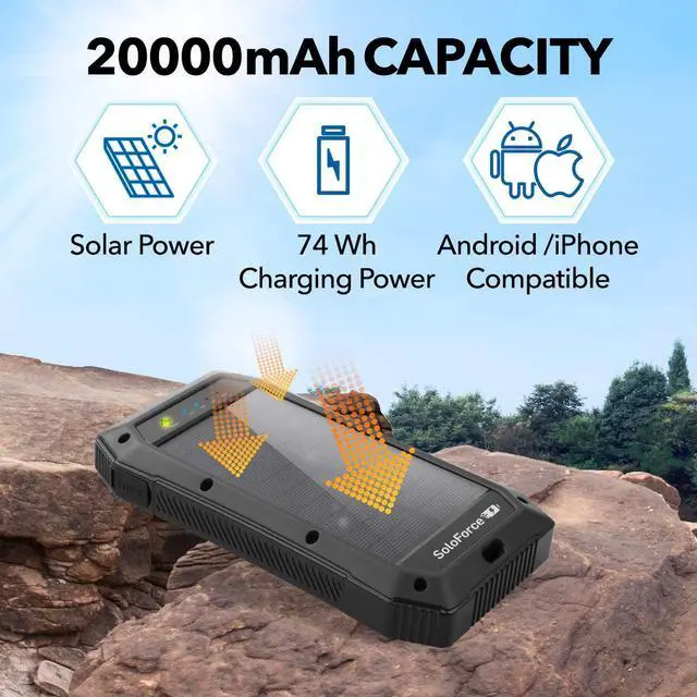Alt view image 6 of 6 - Solar Power Bank - 2000mAh Wireless Portable Charger for iPhone Android | Fast Charging Powerbank | Built-in Qi Panel, USB C Outlets, LED Light | Waterproof External Battery Pack for Camping