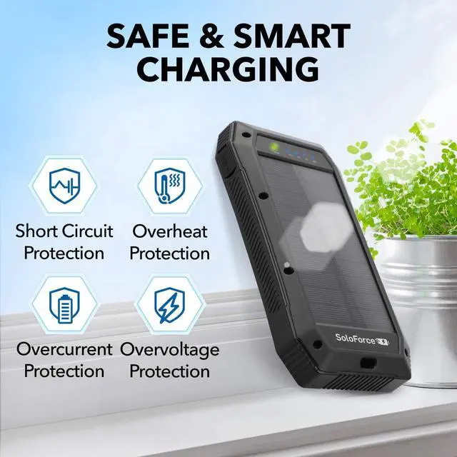 Alt view image 4 of 6 - Solar Power Bank - 2000mAh Wireless Portable Charger for iPhone Android | Fast Charging Powerbank | Built-in Qi Panel, USB C Outlets, LED Light | Waterproof External Battery Pack for Camping