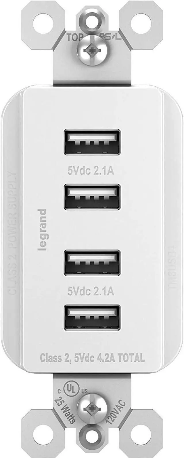 Main image of Legrand radiant TM8USB4WCCV4 Decorator Outlet Quad USB Charger, 4.2 Amp Multi Port Charging Station, White (1 Count)
