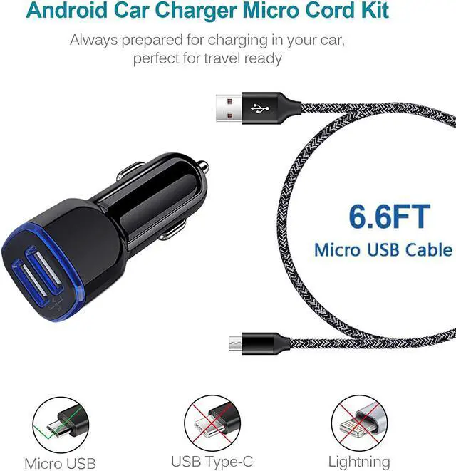 Alt view image 2 of 5 - Car Charger Android for Samsung Galaxy J7 Crown/Prime/Pro/Sky Pro/Refine/Neo/Luna/Eclipse,J7 V 2nd/Perx/Star,J6 Plus J5 J4 J3 S7 Edge S6 S5 S4 S3 Note 4/5,6ft Phone Cord Fast Charging Micro USB Cable