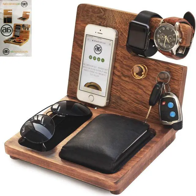 Alt view image 5 of 5 - AB Handicrfafts Wooden Docking Station, Nightstand Organizer Wallet, Watch Stand Key Holder for Mom Gifts for DAD, Husband, Compatible with iPhone