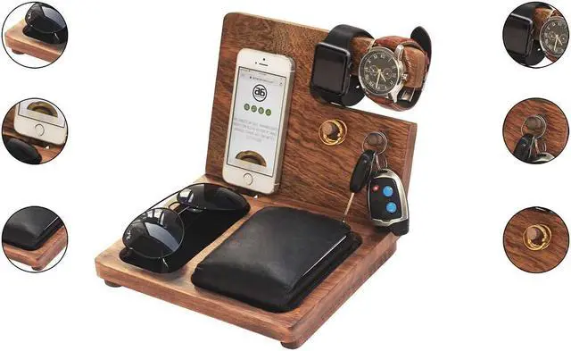Alt view image 2 of 5 - AB Handicrfafts Wooden Docking Station, Nightstand Organizer Wallet, Watch Stand Key Holder for Mom Gifts for DAD, Husband, Compatible with iPhone