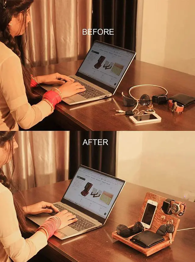 Alt view image 3 of 5 - AB Handicrfafts Wooden Docking Station, Nightstand Organizer Wallet, Watch Stand Key Holder for Mom Gifts for DAD, Husband, Compatible with iPhone