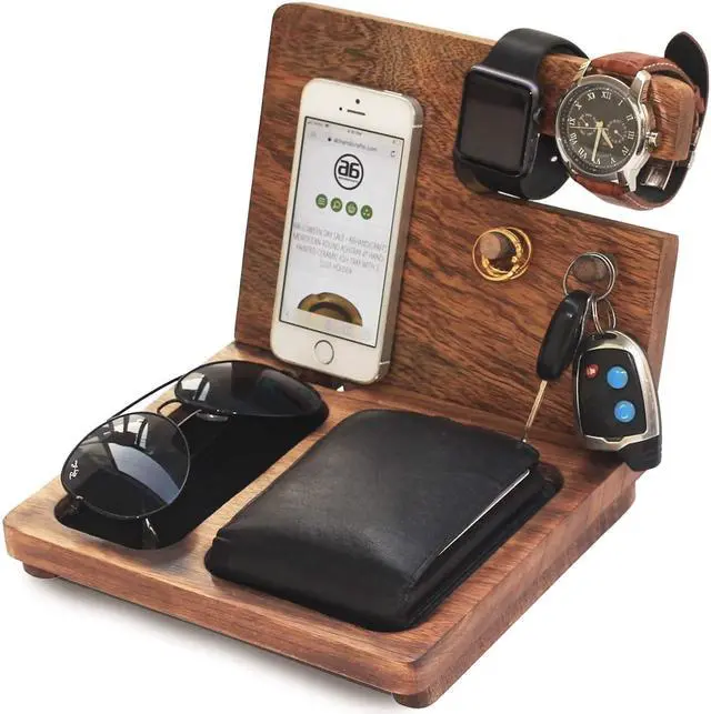 Alt view image 4 of 5 - AB Handicrfafts Wooden Docking Station, Nightstand Organizer Wallet, Watch Stand Key Holder for Mom Gifts for DAD, Husband, Compatible with iPhone