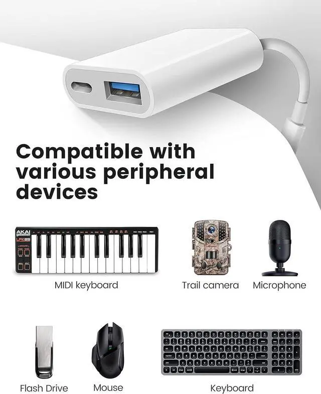 Alt view image 5 of 7 - USB Adapter for iPad/iPhone USB Female Adapter USB OTG Data Sync Cable Supports USB Flash Drives Memory SD Card Readers MIDI Players Mouse Keyboards Plug&Play