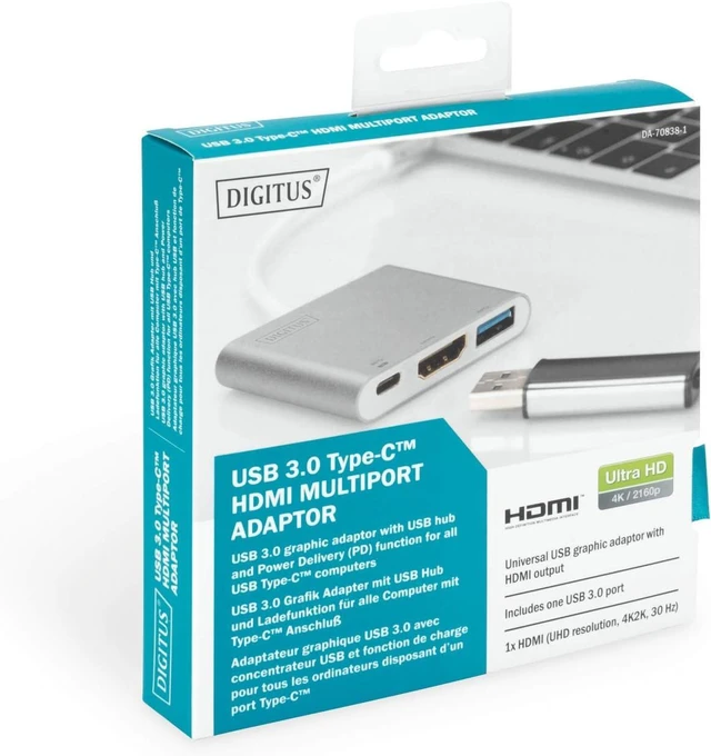 Alt view image 5 of 6 - DIGITUS USB Type-C Multiport Graphics Adapter, USB Type-C to HDMI + USB A 3.0 + USB C, Charging Function, 4K Ultra HD 30Hz, Aluminium, 51 x 58 x 11 mm
