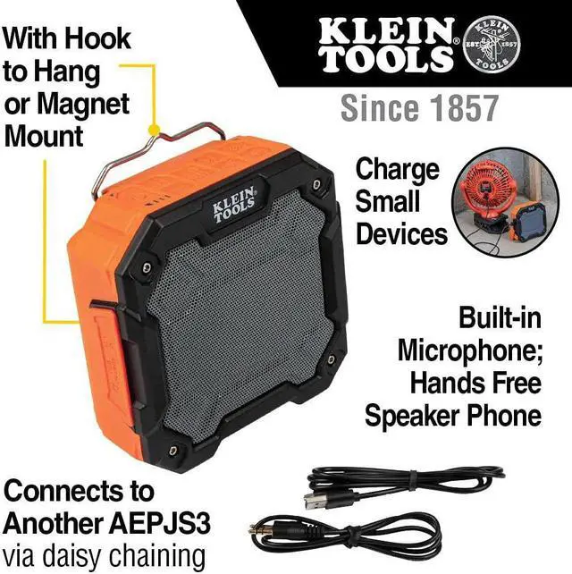Alt view image 4 of 7 - Klein Tools Bluetooth Jobsite Speaker with Magnet and Hook (AEPJS3) Magnetic Power Strip with Surge Protector (PowerBox 1)