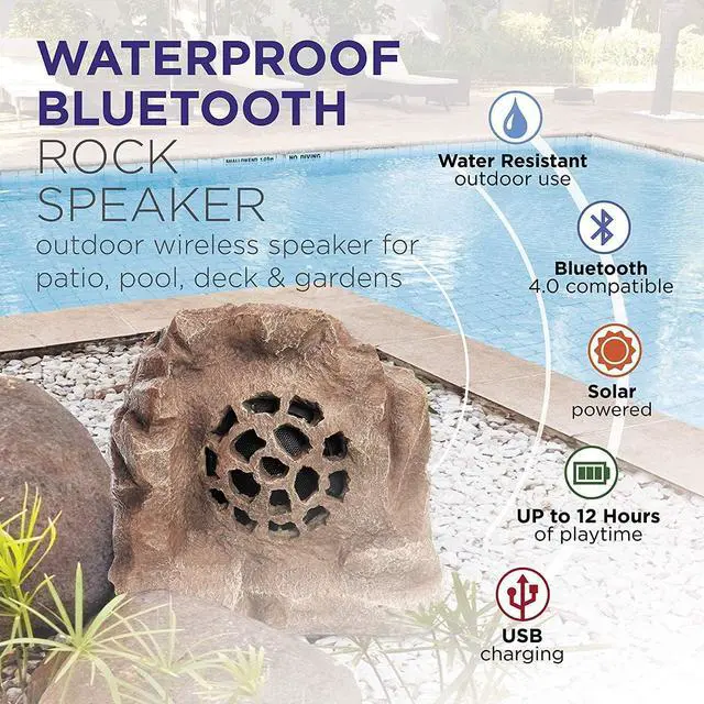 Alt view image 4 of 7 - Alpine Corporation Weather-resistant Bluetooth Solar-Powered Outdoor Wireless Rock Speaker, Brown