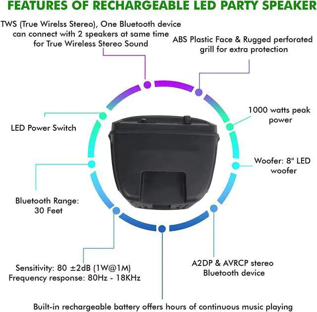 Alt view image 5 of 7 - Technical Pro 8 Inch Portable 800 watts Bluetooth Speaker with Woofer & Tweeter, Festival PA LED Speaker with Bluetooth/USB Card, True Wireless Stereo (2 Speakers)