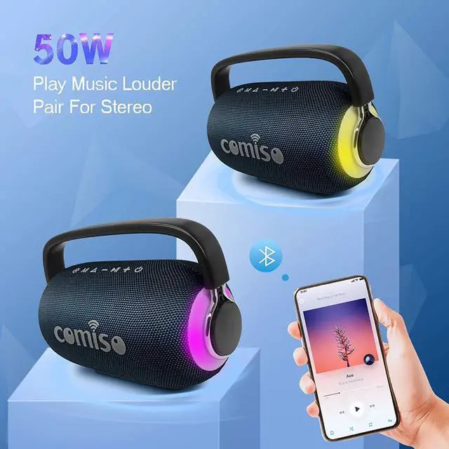 Alt view image 5 of 7 - comiso Bluetooth Speaker Portable Waterproof Wireless Boombox LED Light Deep Bass Superior Audio Stereo Pair 40H Playback