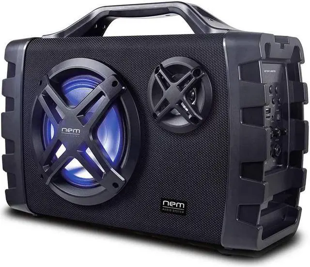 Main image of NEM Mobi7e Portable Wireless Bluetooth High Performance Stereo Speaker Extra Bass, USB Recording, Rechargeable Battery, AUX and TF Card Input, FM Radio, MP3, Mic and Guitar Input, LED Lights (Black)