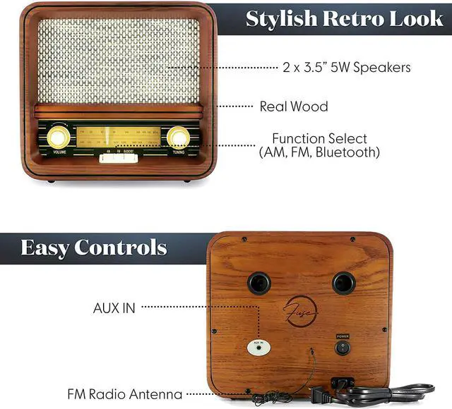 Alt view image 5 of 5 - Fuse RAD-V1 Vintage Retro Radio | AM/FM Radio Speaker with Bluetooth & AUX Input | 5W Speakers | Mid Century Modern Style | Real Handcrafted Ashtree Wood Exterior