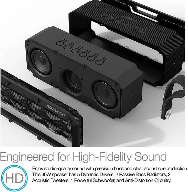 Alt view image 2 of 7 - Wireless Bluetooth Speaker, Naztech Portable Indoor/Outdoor IPX6 Waterproof Speaker with Built in Mic & Speakerphone, Loud Stereo Sound, Up to 16hr Playtime for Bluetooth Enabled Devices [Black] 13896