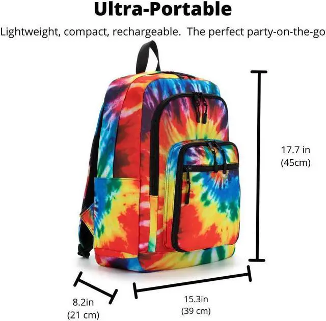 Alt view image 3 of 7 - Business Bluetooth Speaker Backpack with 20-Watt Speakers & Subwoofer for Parties/Festivals/Beach. Rechargeable, Works with iPhone & Android (Tie Dye)