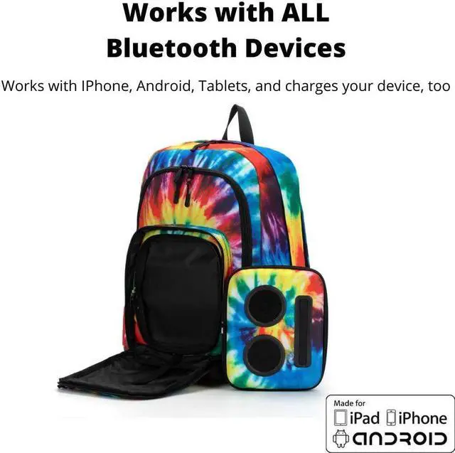 Alt view image 5 of 7 - Business Bluetooth Speaker Backpack with 20-Watt Speakers & Subwoofer for Parties/Festivals/Beach. Rechargeable, Works with iPhone & Android (Tie Dye)