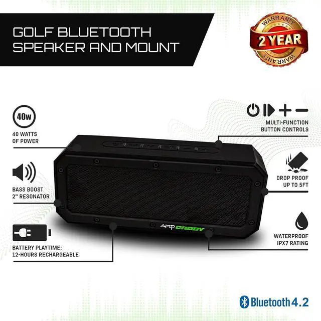 Alt view image 3 of 6 - Golf Speaker with Mount, 40 Watt Bluetooth Portable Ampcaddy Version 3 Pro Max Bluetooth Speaker and Mount with Loud Stereo Sound and Bass Boost,12-Hour Playtime, Extended Bluetooth Range, Waterproof
