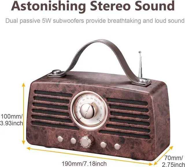 Alt view image 2 of 7 - Retro Bluetooth Speakers, Aurtec Portable Wireless Speaker Bluetooth 4.2 with Radio FM,Audio Home Outdoor Stereo Speaker with Powerful Sound and Subwoofer