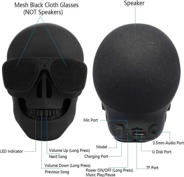 Alt view image 6 of 6 - Skull Bluetooth Speakers, Portable Wireless Speaker Built-in Mic, Cool Creative Design Bass Stereo Speaker for Halloween, Party, Travel, Outdoor, Home Decor, Support TF/U Disk/AUX