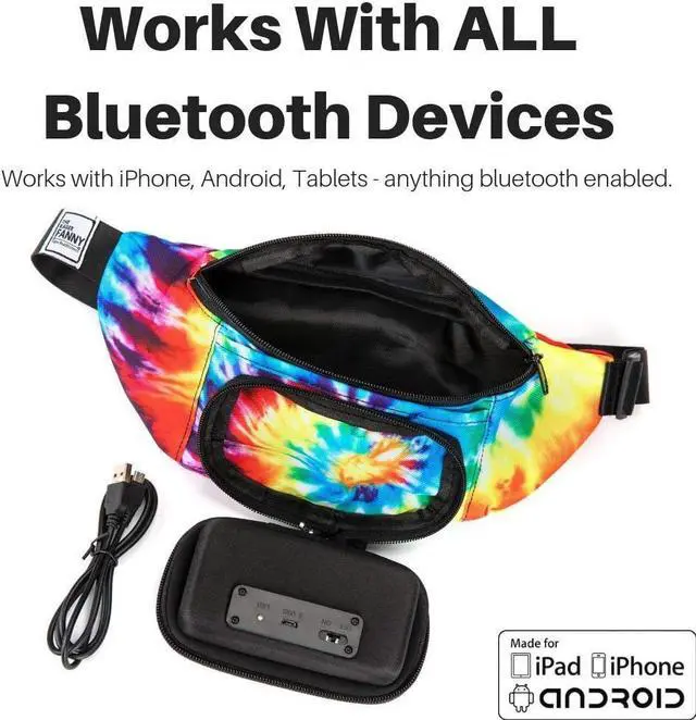 Alt view image 5 of 7 - Fannypack with Speakers. Bluetooth Fanny Pack for Parties/Festivals/Raves/Beach/Boats. Rechargeable, Works with iPhone & Android. (Tie Dye)