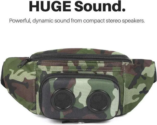 Main image of Fannypack with Speakers. Bluetooth Fanny Pack for Parties/Festivals/Raves/Beach/Boats. Rechargeable, Works with iPhone & Android. (Camo, 2024 Edition)