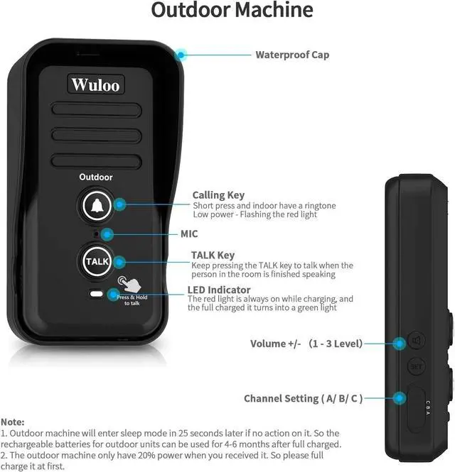 Alt view image 7 of 7 - Wireless Intercom Doorbells for Home Classroom, Intercomunicador Waterproof Electronic Doorbell Chime with 1/2 Mile Range 3 Volume Levels Rechargeable Battery (Black, 1&2)