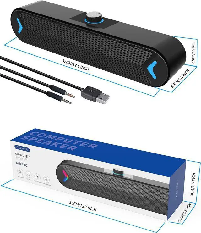 Alt view image 7 of 7 - LENRUE Computer Speakers,Wired USB-Powered Sound-bar with 10W Stereo Sound for PC Desktop,Plug -n-Play (A39PRO /Black)