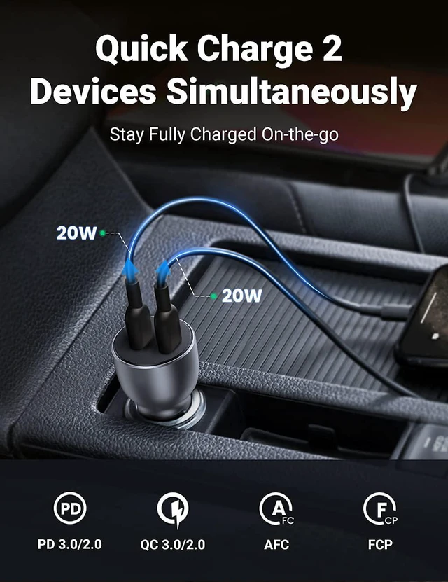 Alt view image 2 of 7 - UGREEN USB C Car Charger Fast Charging - 40W Dual USB C Car Charger Adapter, PD Type C Car Charger Compatible with iPhone 13/13 Pro/12/11/X/SE,Galaxy S21/S20/Note20, iPad, Pixel 5/5a