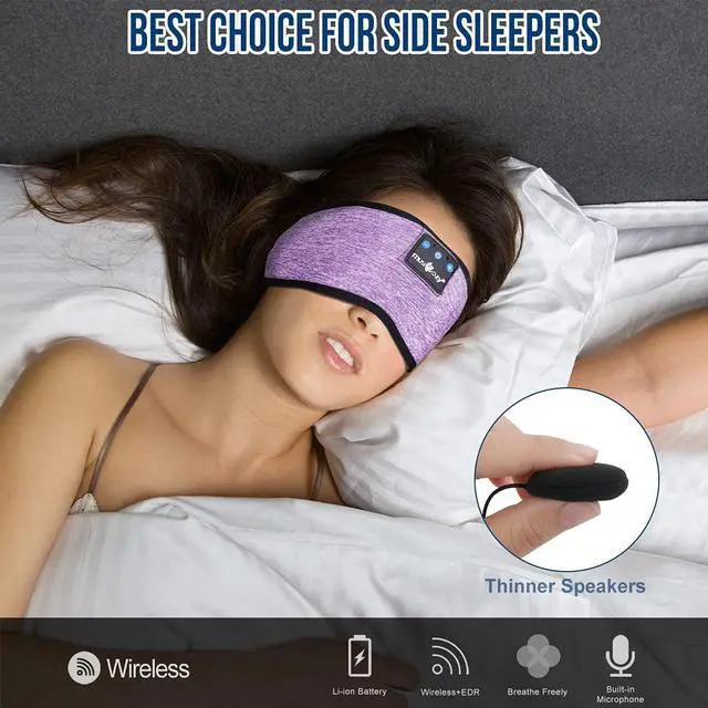 Alt view image 3 of 7 - MUSICOZY Bluetooth Headband Sports Sleep Headphones, Wireless Music Sleeping Headphones Sleep Eye Mask Earbuds IPX6 Waterproof for Side Sleepers Workout Running Insomnia Travel Yoga Office, Purple